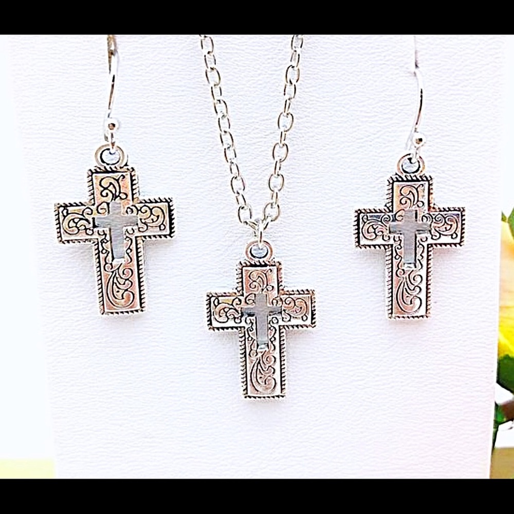Small Silver Plated Cross Dangle Earrings Necklace